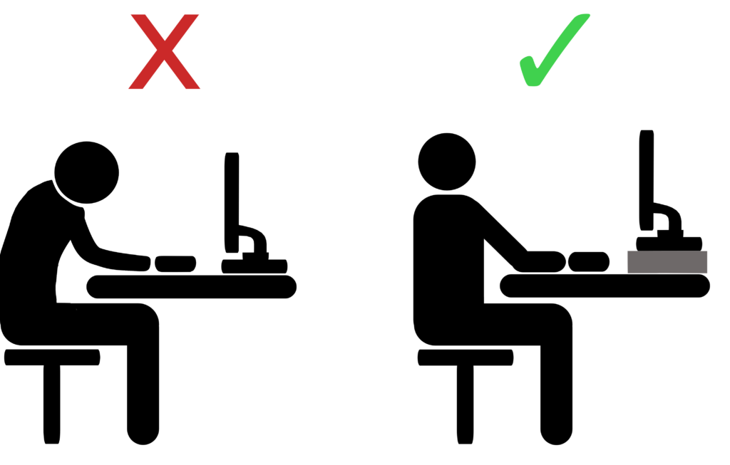 Dargestellt wird eine vereinfachte Visualisierung eines Arbeitsplatzes ohne und mit Bildschirmerhöhung