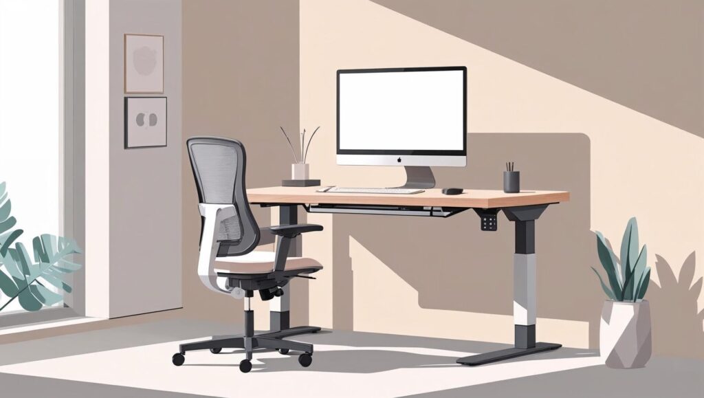 Illustration eines ergonomischen Büroarbeitsplatzes mit höhenverstellbarem Schreibtisch, ergonomischem Bürostuhl mit Lordosenstütze, Monitor auf Augenhöhe sowie Tastatur und Maus in ergonomischer Position. Die Szene zeigt eine moderne, minimalistische Arbeitsumgebung, die Komfort und gesunde Haltung fördert. Ein ergonomisches Arbeitsplatz Setup ist sinnvoll, um Muskelverhärtungen am unteren Rücken vorzubeugen
