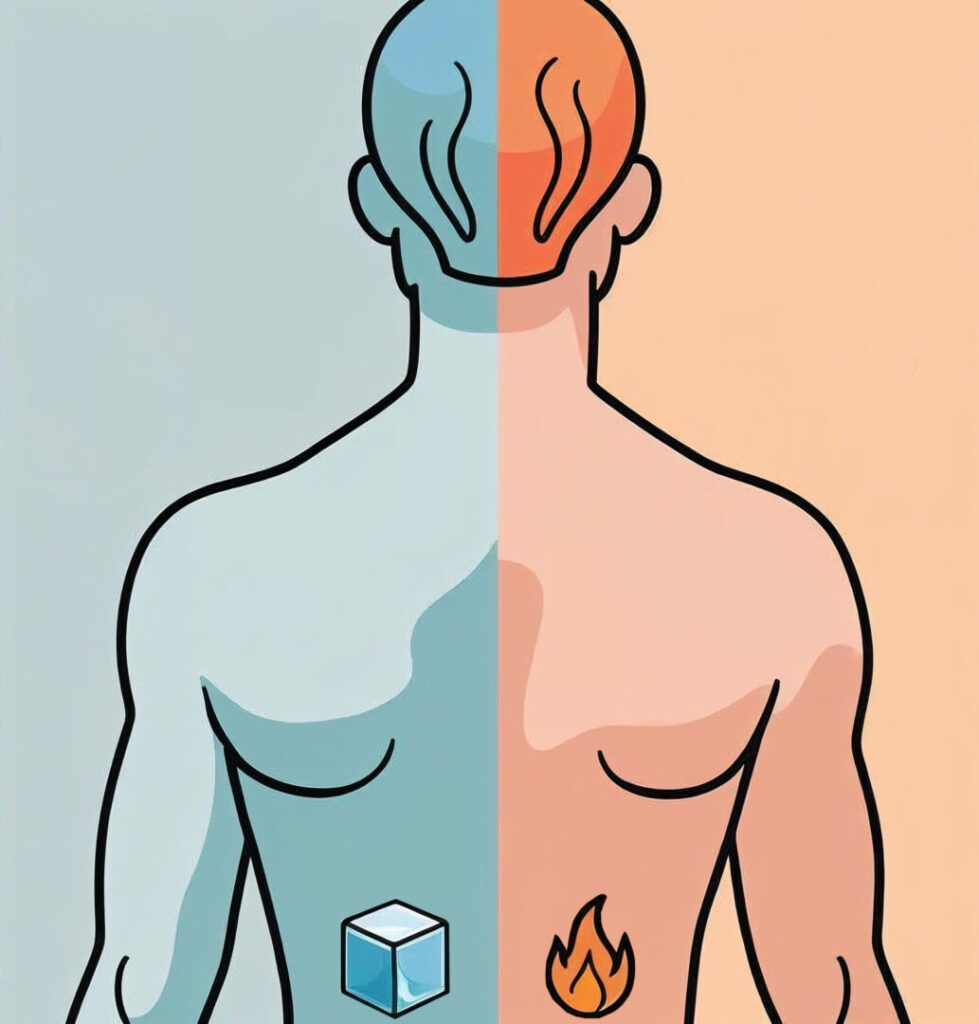 Illustration des unteren Rückens, rechts in warmem Orange für Wärmeanwendung, links in kühlem Blau für Kälteanwendung, minimalistisch und klar dargestellt. Dies soll aufzeigen, das grundsätzlich beide Anwendungen eine Muskelverhärtung am unteren Rücken lösen können