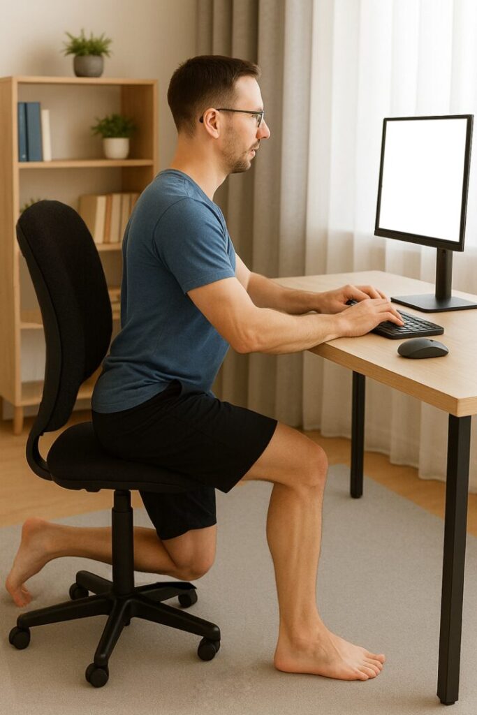 Gezeigt wird, wie die Hüftbeuger im Sitzen auf einem Bürostuhl trainiert werden