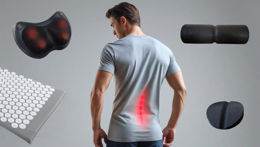 Rückansicht eines Mannes mit farblich markierter Wirbelsäule im unteren Bereich zur Darstellung von Rückenschmerzen, umgeben von verschiedenen Hilfs- und Trainingsgeräten.