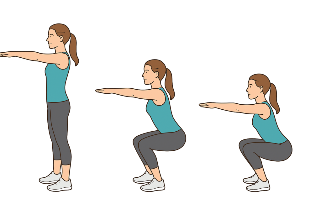Illustration in drei Schritten: Frau zeigt die richtige Ausführung von Squats – vom aufrechten Stand bis in die tiefe Kniebeuge.