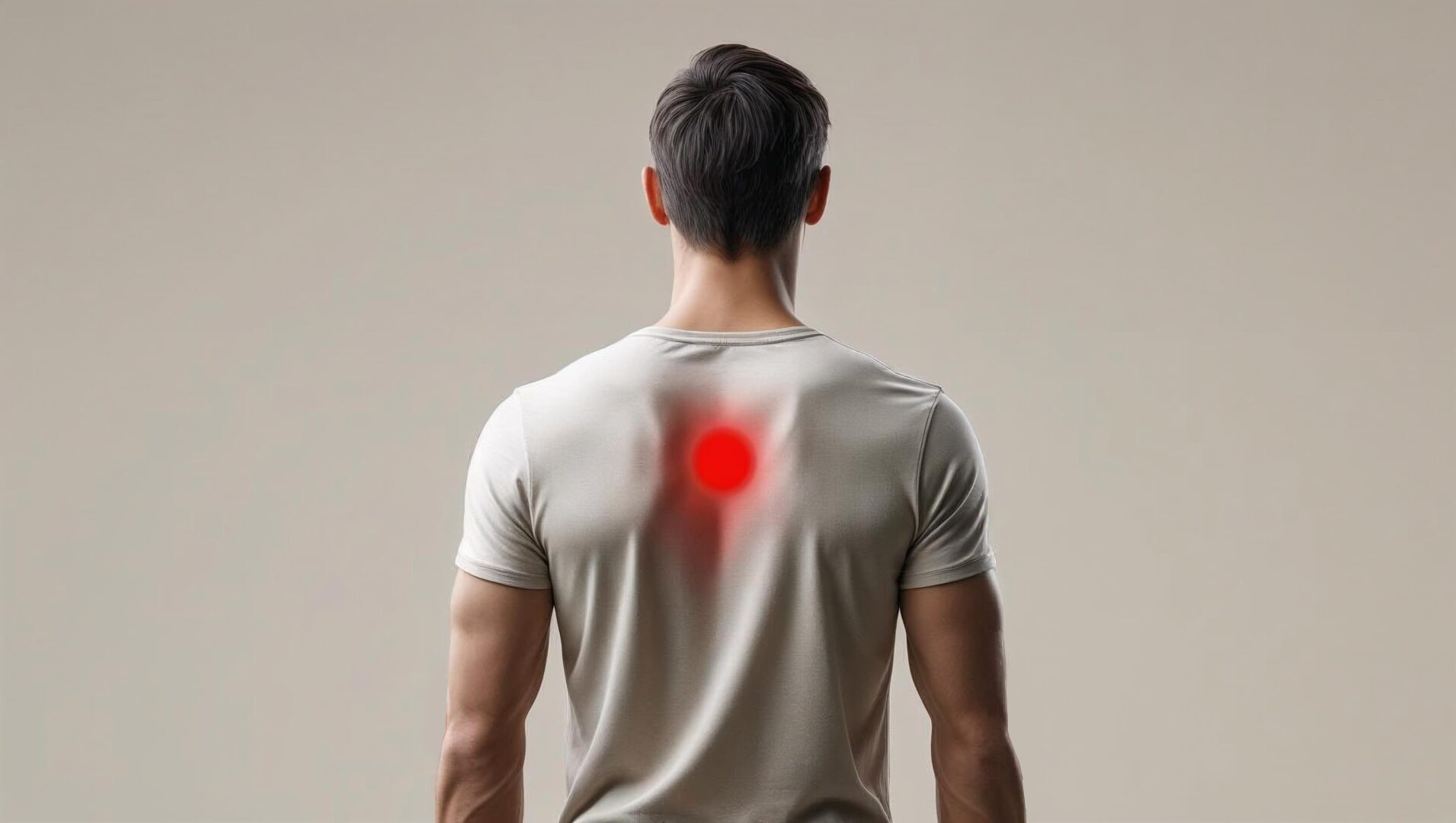 Ein Mann wird mit T Shirt von hinten gezeigt, der obere Rücken ist farblich in rot markiert, um auf Schmerzen in der Brustwirbelsäule zu deuten
