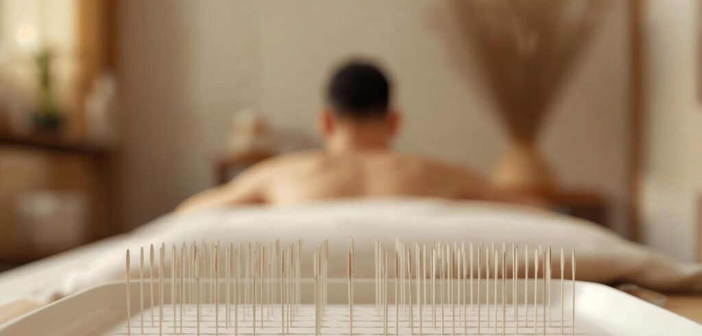 Im Vordergrund liegen Akupunkturnadeln auf einem weißen Tablett, während im Hintergrund unscharf eine auf dem Bauch liegende Person mit freiem, nach oben gerichtetem Rücken zu sehen ist.