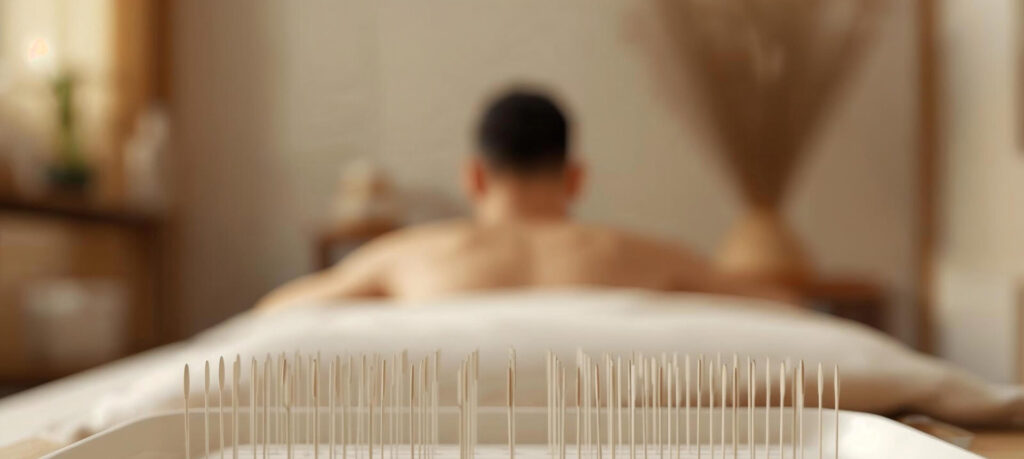 Im Vordergrund liegen Akupunkturnadeln auf einem weißen Tablett, während im Hintergrund unscharf eine auf dem Bauch liegende Person mit freiem, nach oben gerichtetem Rücken zu sehen ist.