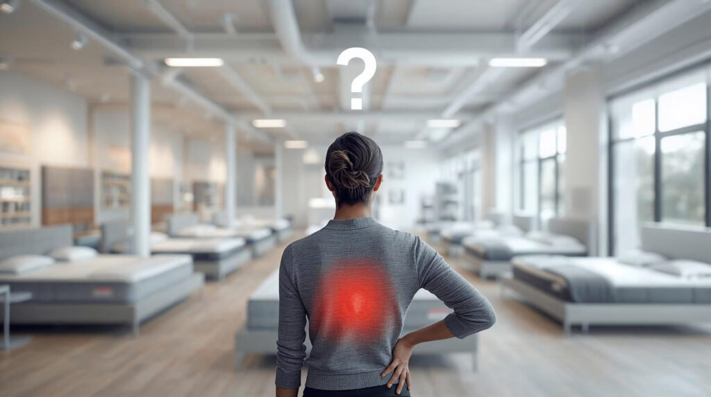 Frau schaut sich im Matratzenladen suchend nach der besten Matratze um. Ein Teil ihres Rückens ist in roter Farbe hervorgehoben, was auf Rückenschmerzen hindeuten kann