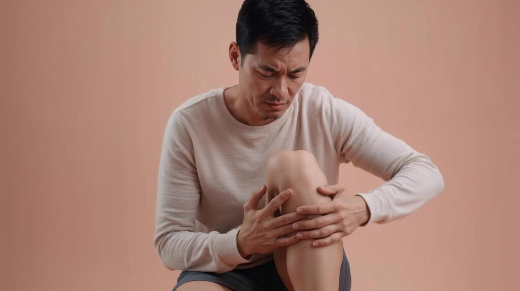 Zu sehen ist ein Mann, der sich sein Kniegelenk stützt und einen schmerzverzerrten Blick hat.