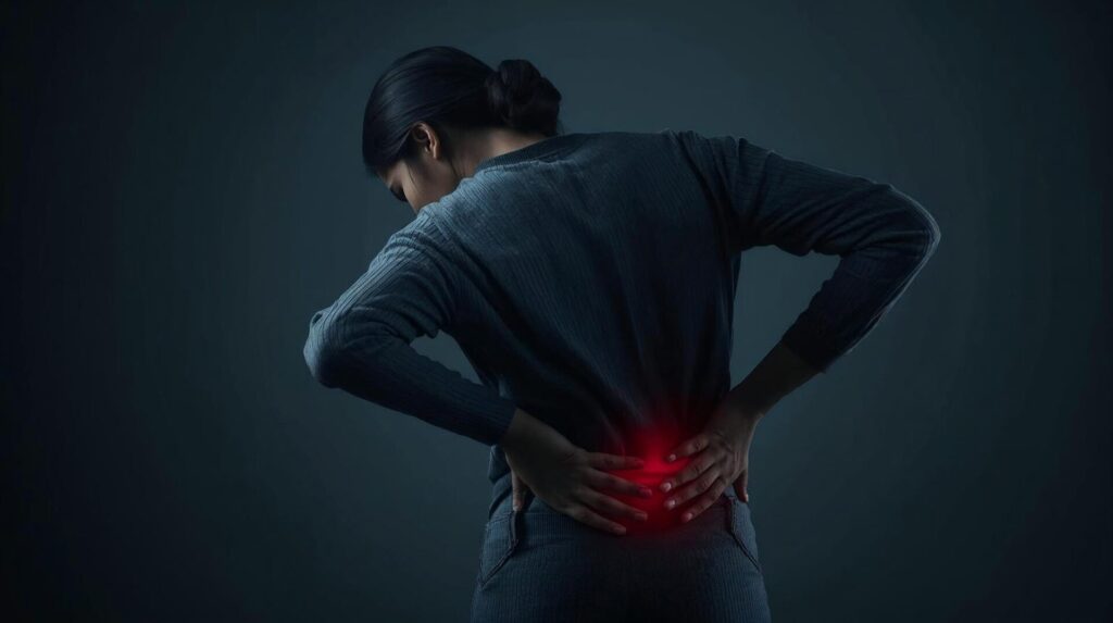 Frau, die sich in dunkler Umgebung mit beiden Händen den unteren Rücken stützt. Sie wirkt verzweifelt und traurig.