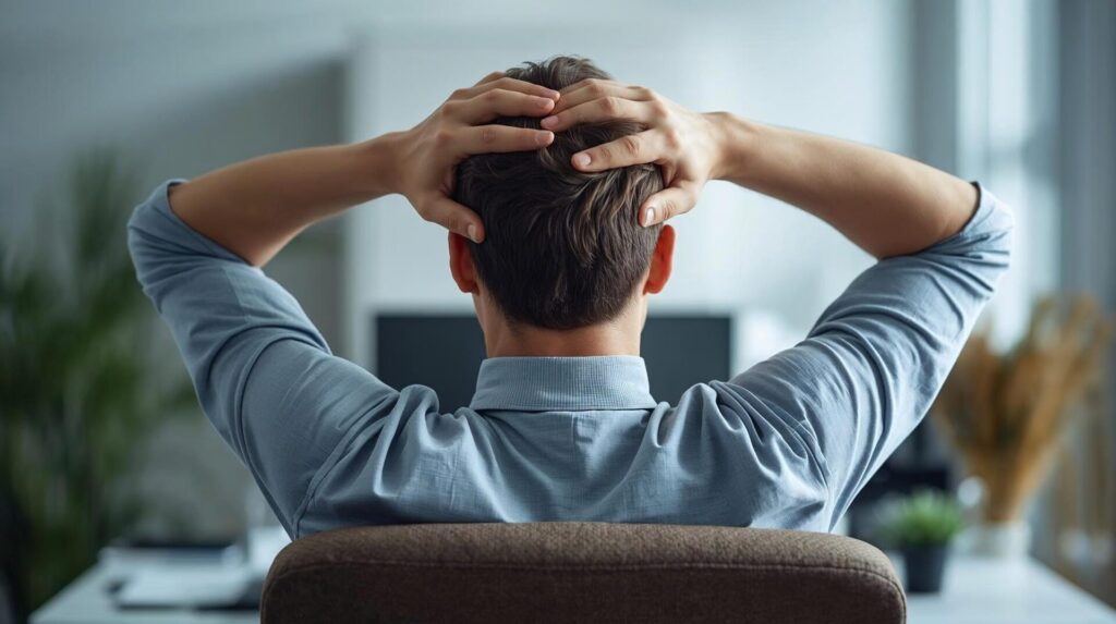 Mann, der mit den Händen hinter dem Kopf sitzt und offenbar gestresst oder nachdenklich wirkt.