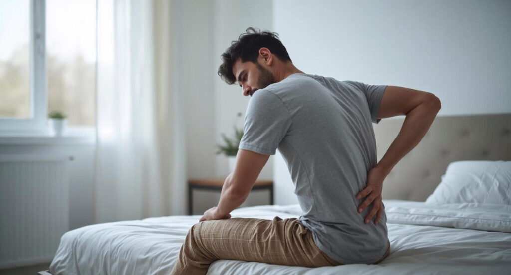 Person sitzt morgens auf dem Bettrand und hält sich mit schmerzverzerrtem Gesicht den unteren Rücken nach dem Schlafen.