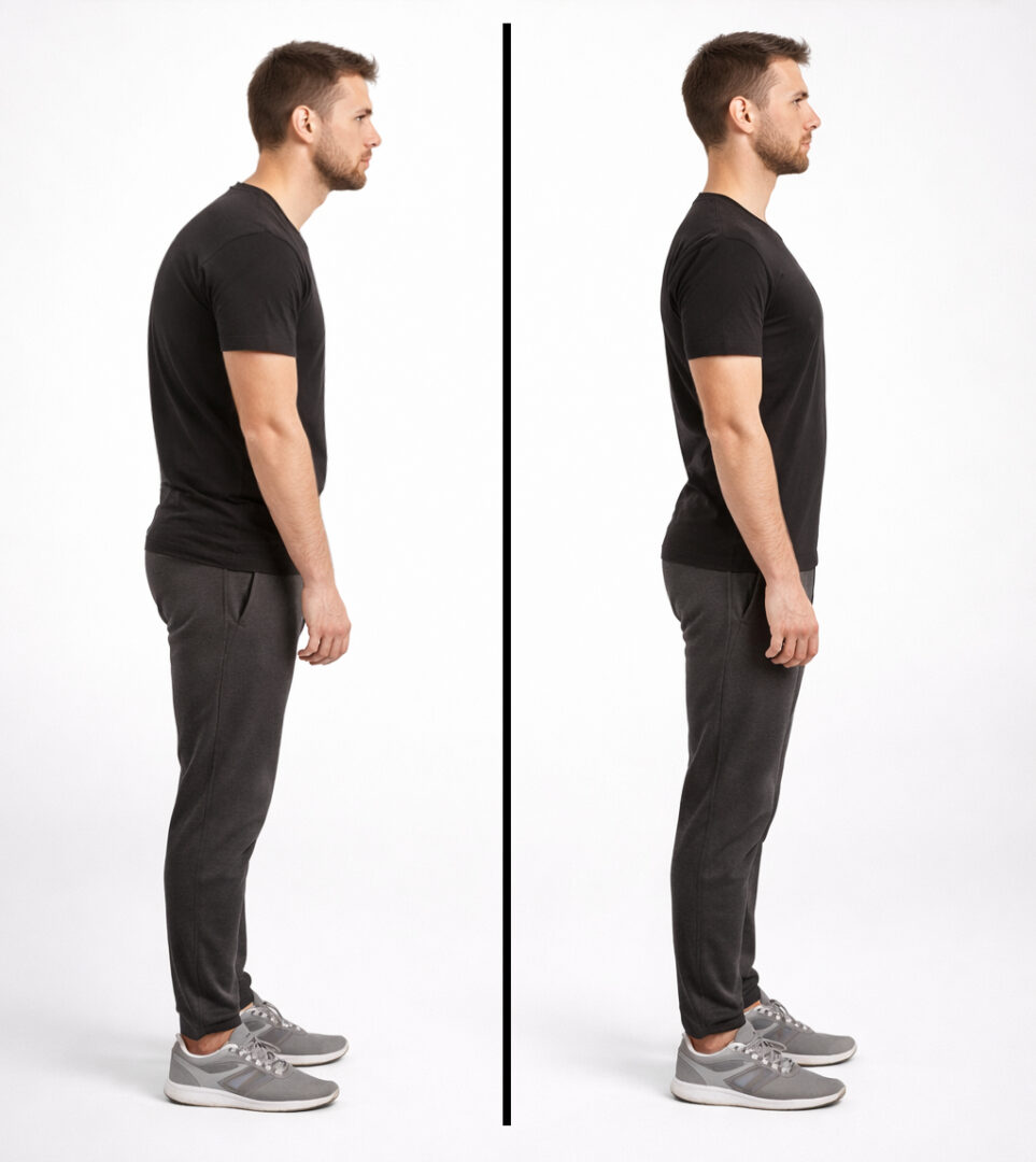 Seitenansicht eines Mannes: links mit Rundrücken, leicht nach vorne geneigter Oberkörper, rechts in gesunder aufrechter Haltung. Beide Darstellungen zeigen denselben Mann in identischer Kleidung und neutralem Hintergrund