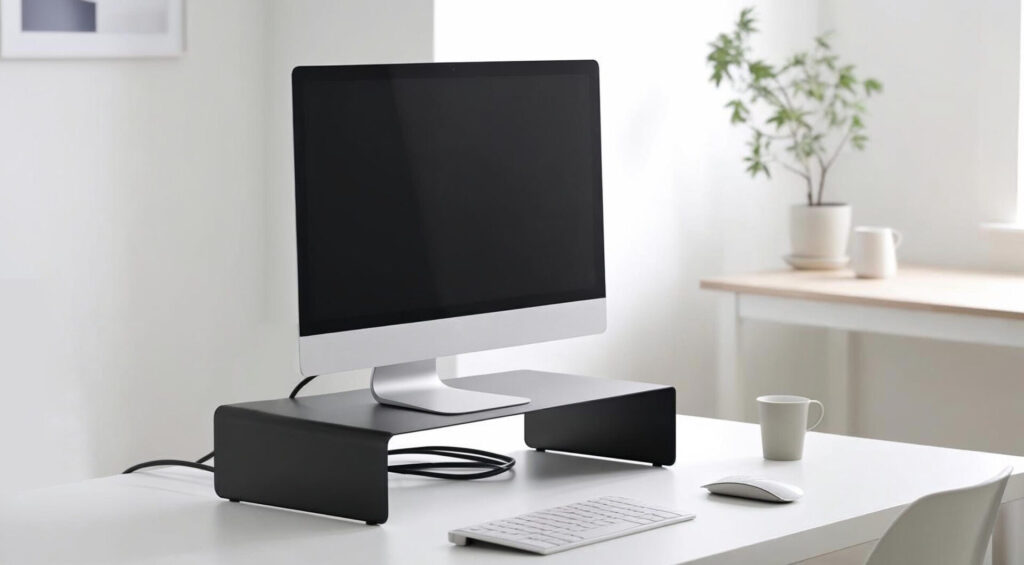 Ein komplett ausgestatteter Büroarbeitsplatz wird gezeigt. Schreibtisch, Tastatur, Maus, Monitor und Monitorerhöhung