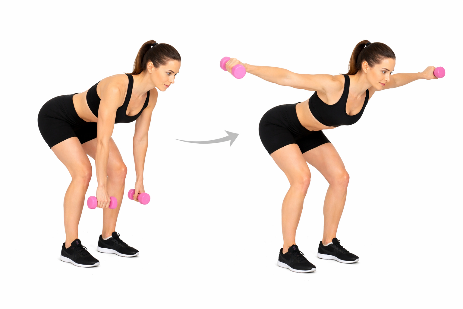 Eine Frau führt die Reverse Fly Übung 
 mit Hanteln aus, um einem Witwenbuckel bzw. Rundrücken vorzubeugen