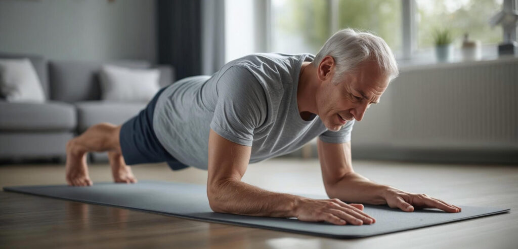 Ein Mann befindet sich im Unterarmstütz auf einer Trainingsmatte