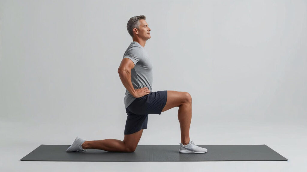 Ein Mann macht auf einer Yogamatte einen Ausfallschritt als Übung für den Rücken