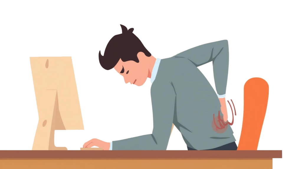 Illustration einer Person, die am Schreibtisch sitzt und eine schlechte Haltung hat.