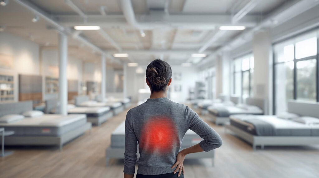 Frau schaut sich im Matratzenladen suchend nach der besten Matratze um. Ein Teil ihres Rückens ist in roter Farbe hervorgehoben, was auf Rückenschmerzen hindeuten kann