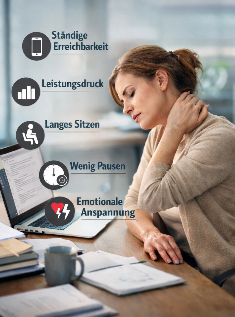 Gestresste Frau sitzt am Schreibtisch und hält sich den Nacken. Sinnbild für Alltagsstress, Anspannung und fehlende Entspannung.