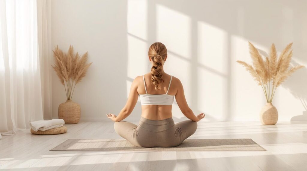 Frau sitzt meditierend im Schneidersitz, von hinten aufgenommen, ruhige Körperhaltung in entspannter Atmosphäre