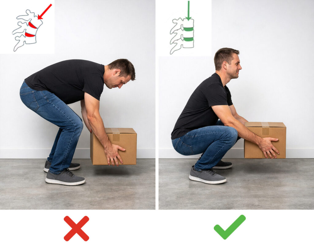 Seitliche Vergleichsgrafik: Eine Person hebt einen Karton falsch mit gebeugtem Rücken und korrekt aus den Beinen