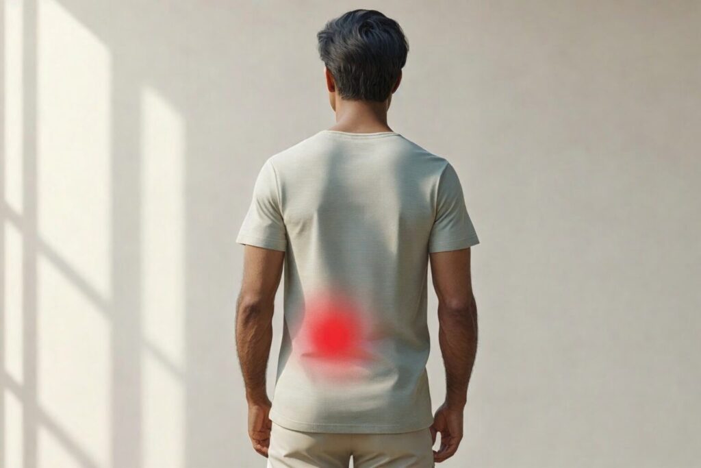 Ein Mann wird von hinten gezeigt. Er hat einen roten Punkt am linken unteren Rücken, was auf Schmerzen hindeuten kann