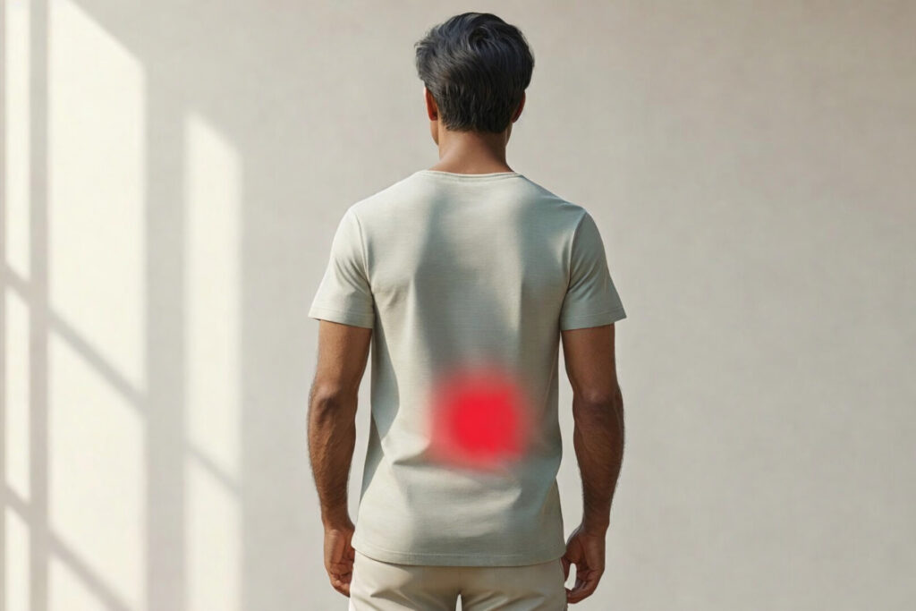 Ein Mann ist von hinten zu sehen, der im unteren rechten Rückenbereich einen roten Punkt hat.